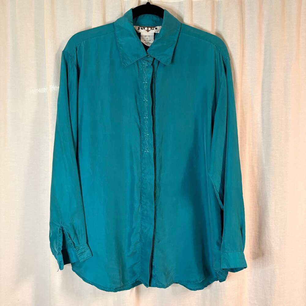 Vintage JORDAN 100% Silk Teal Button Front Blouse Size 10